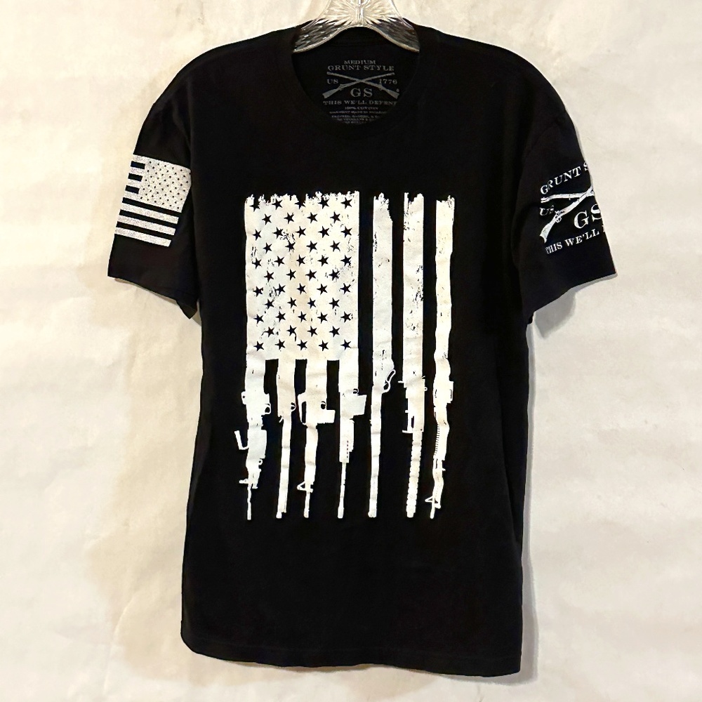 Grunt Style American Patriot Flag Black White Short Sleeve Tee T Shirt